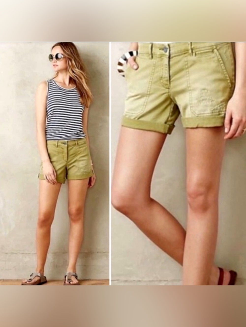 Anthropologie Pilcro Hyphen Shorts Olive Green Distressed Twill Size 26